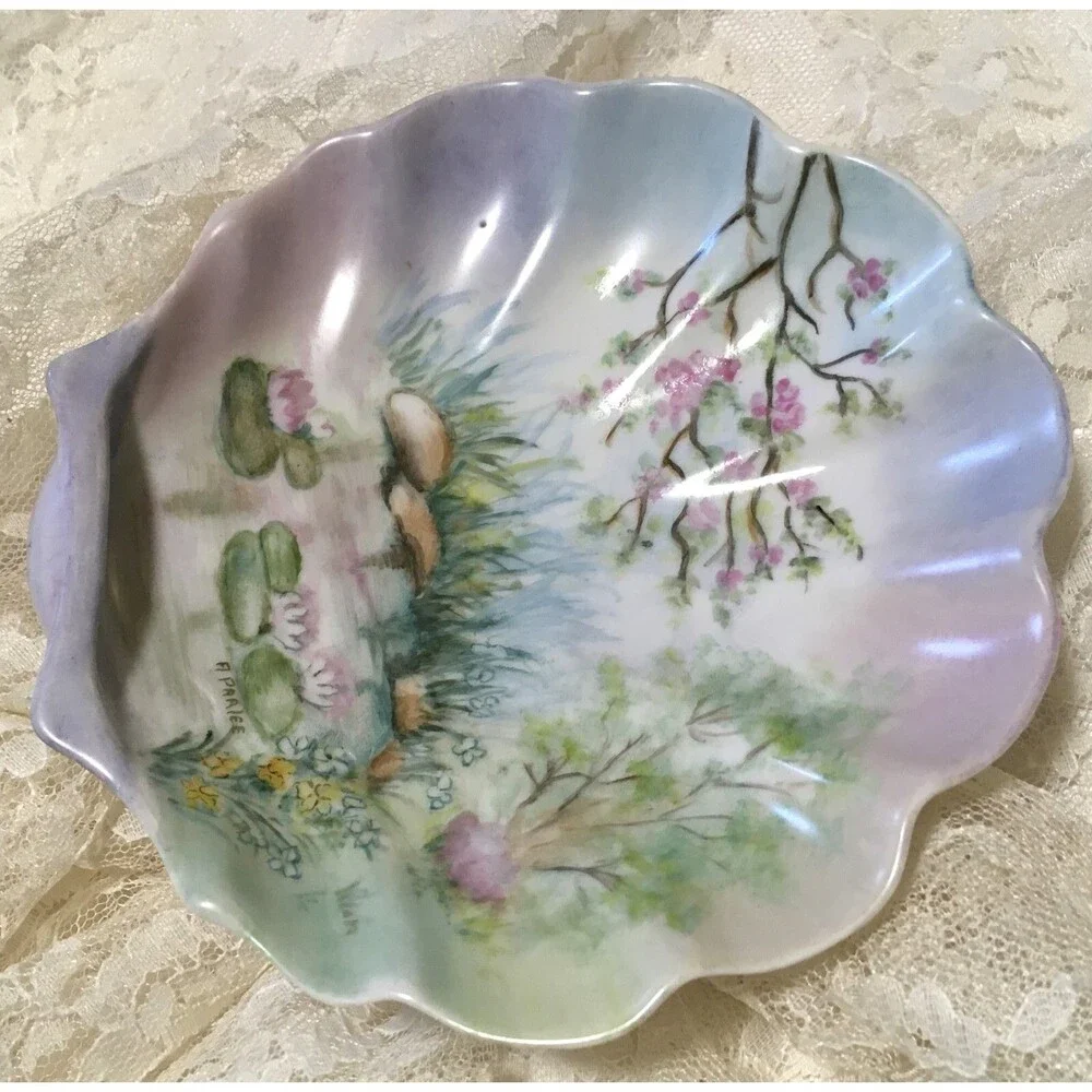 Vintage Trinket Dish Hand Painted Shell Shape Foral Spring Pond Spring Decor